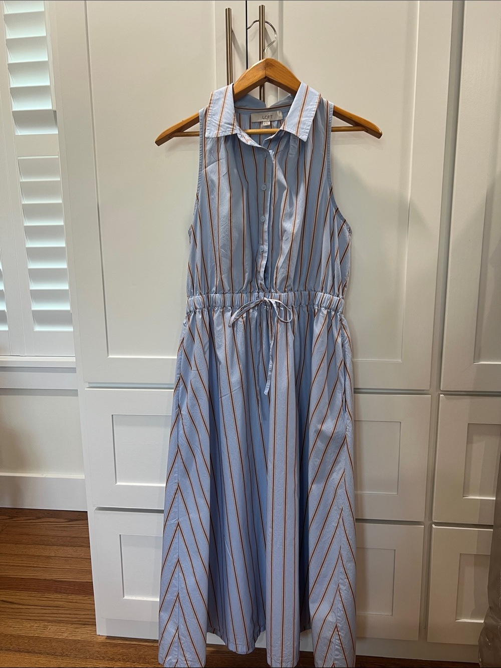 LOFT Light Blue and Brown Striped Sleeveless Drawstring Dress